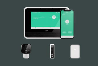 Vivint Smart Hub, app, Outdoor Camera Pro, Doorbell Camera Pro, and glass-break sensor on a grey background