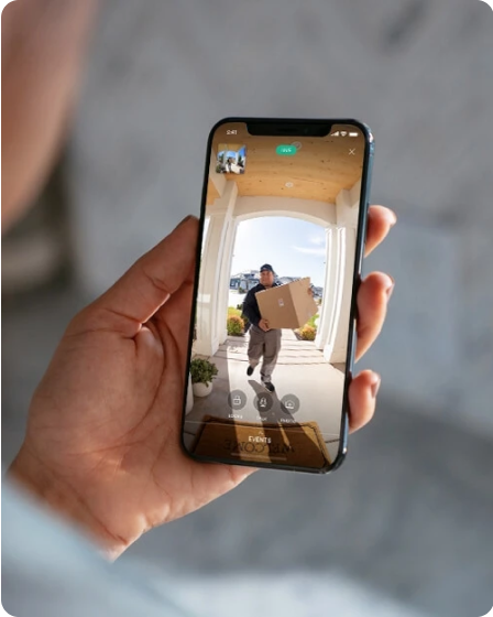 Person holding phone with app Doorbell Camera view of person delivering package