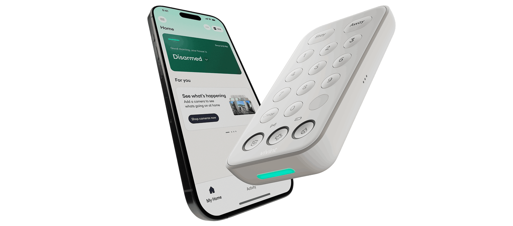 The Vivint Keypad in front of a mobile device displaying the Vivint App
