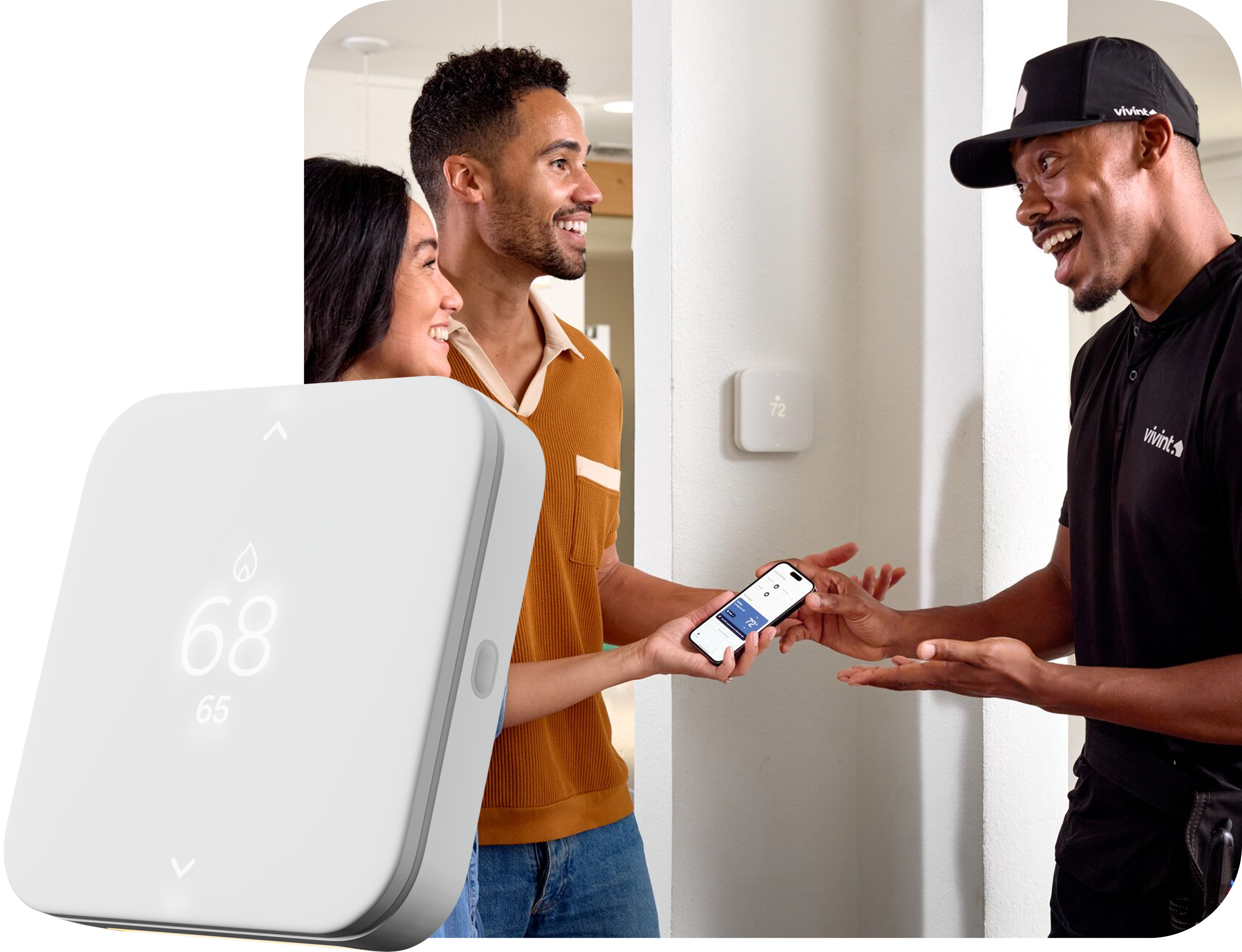Vivint thermostat next to a rep talking to a couple of customers