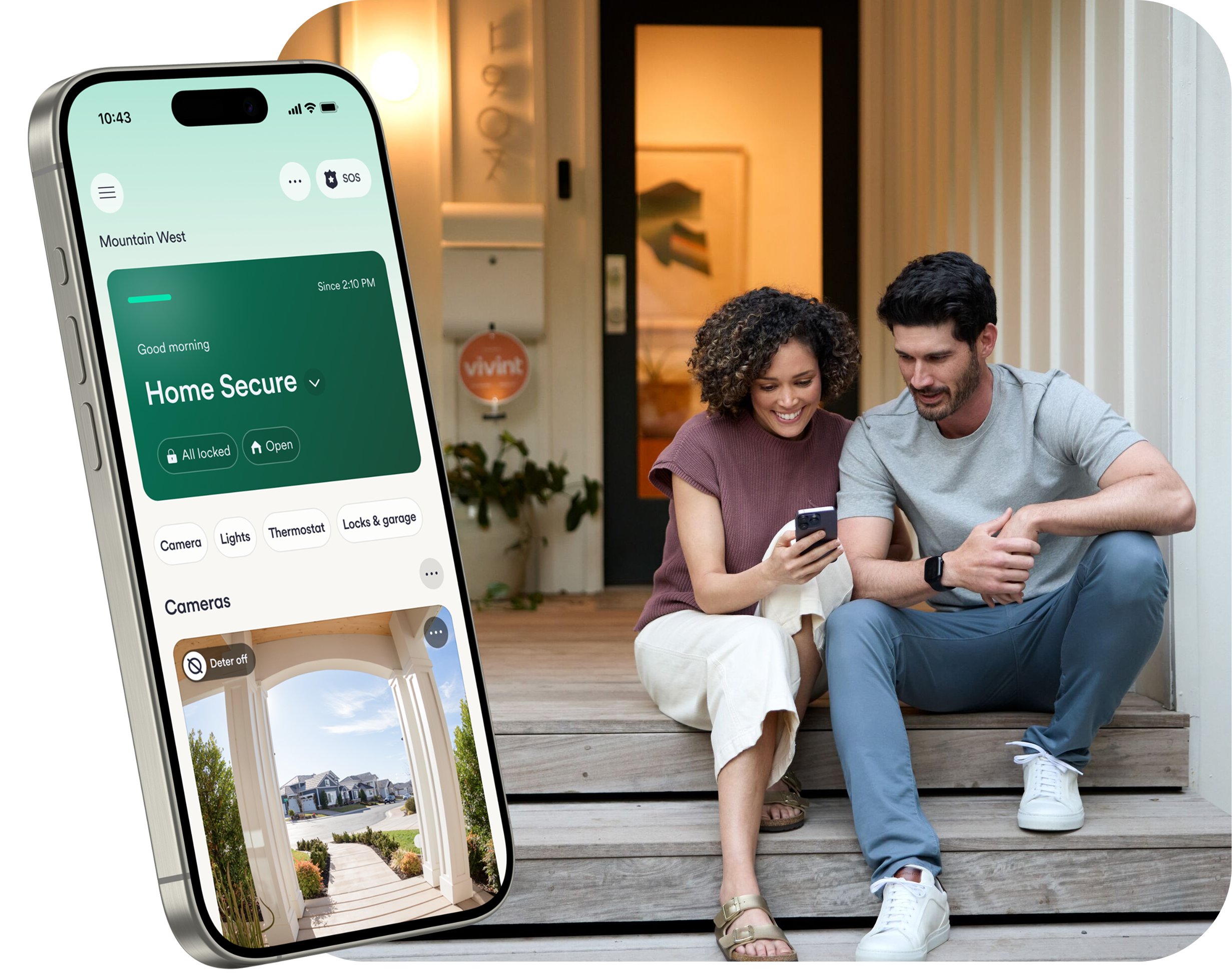 Vivint app interface next to a couple looking at their phone on their porch