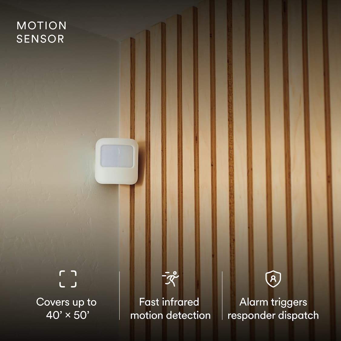 Vivint motion sensor on a beige and wood-striped wall. Text highlights features: 40x50' coverage, fast infrared detection, alarm triggers dispatch
