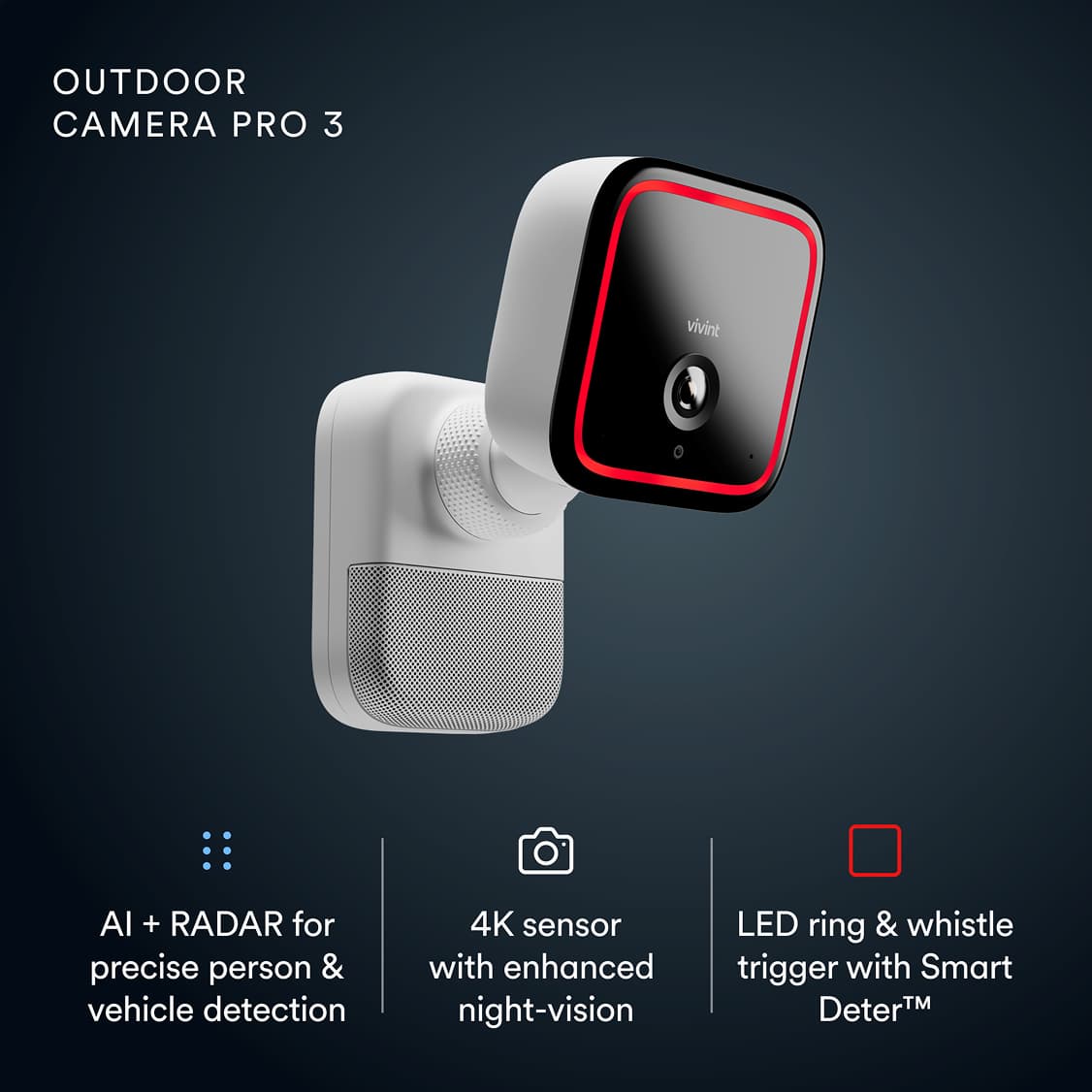 Vivint Outdoor Camera Pro 3 with sleek design, features AI, radar for detection, 4K night vision, and LED ring