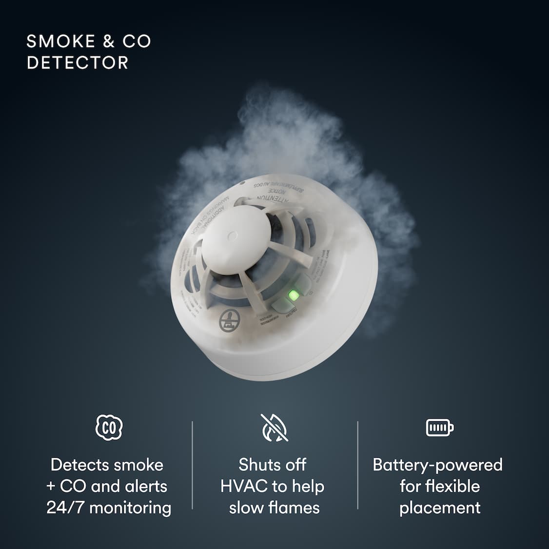 Vivint smoke and carbon monoxide detector with visible smoke and a glowing green light on a dark background. Text highlights 24/7 monitoring, HVAC shutoff, and battery power.