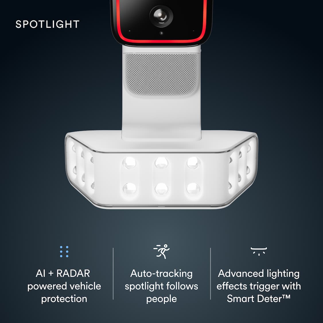 Vivint smart security spotlight with a sleek, modern design features AI and radar technology, auto-tracking, and advanced lighting for vehicle protection