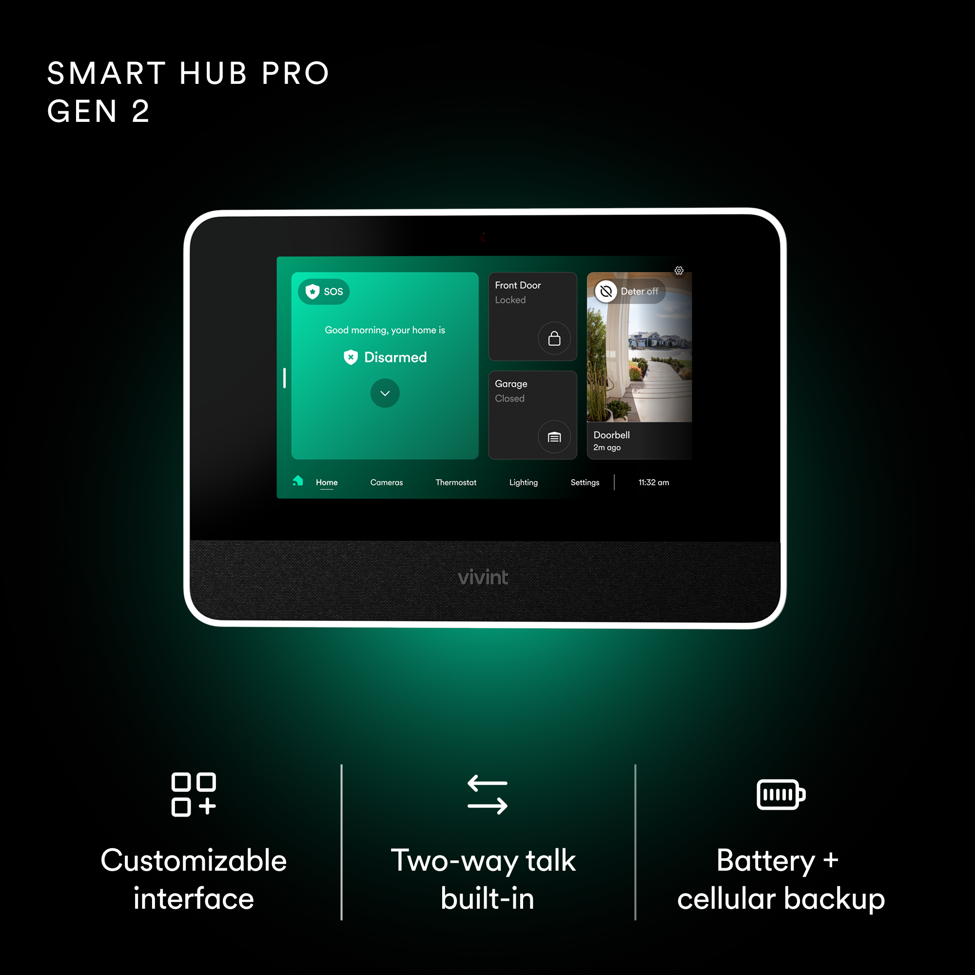 Vivint Smart Hub control panel with a sleek screen displaying a security status. Features include an intuitive UI, two-way talk, and battery backup