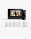 Vivint hub showing a person holding a package delivery, next to a Vivint doorbell camera, with 4 Door & Window sensors and a motion sensor lined up underneath