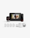 Vivint hub showing a person holding a package delivery, next to a Vivint doorbell camera and a Vivint Outdoor camera, with a line up of 4 Door & Window sensors, a motion sensor, a water sensor, and a CO& smoke detector underneath