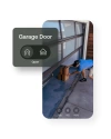A person delivering package in the garage, with a notification showing the garage door is opened