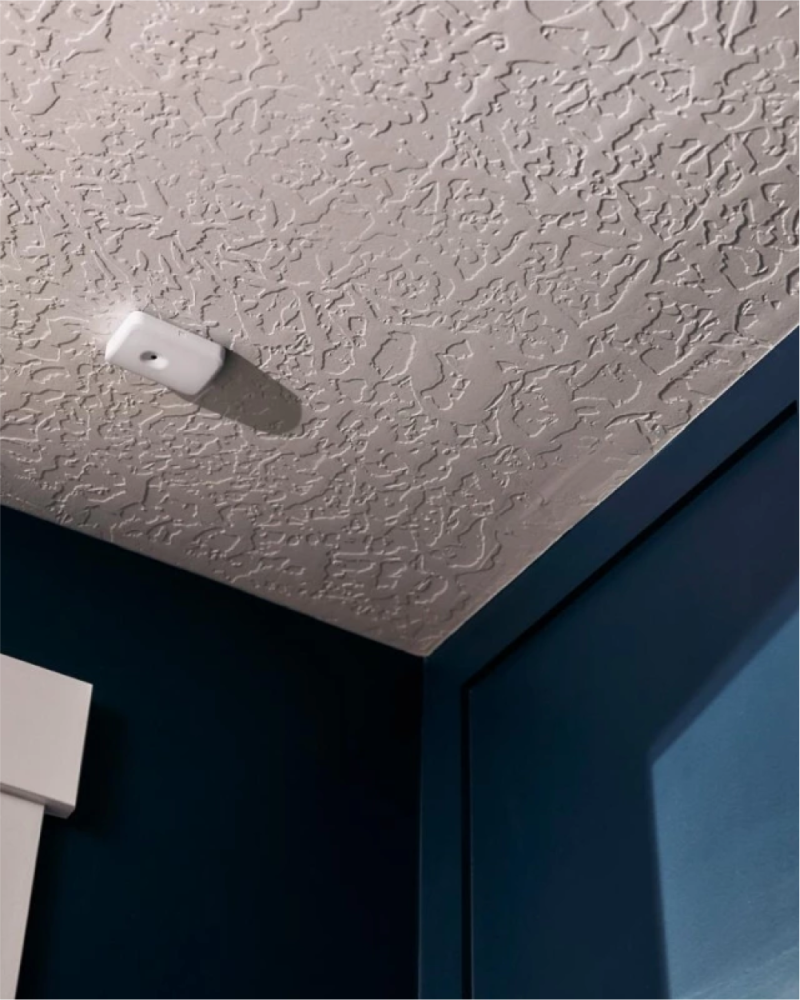 Vivint glass break sensor on the ceiling next to a window