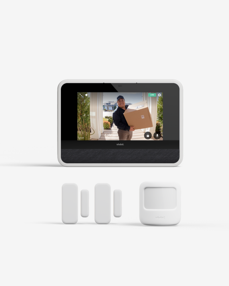Vivint hub showing a person holding a package delivery, with Door & Window sensors and a motion sensor lined up underneath