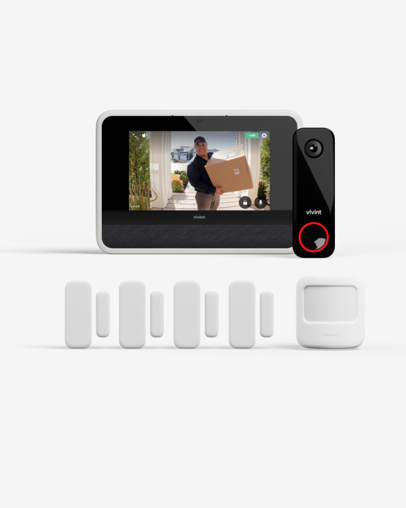 Vivint hub showing a person holding a package delivery, next to a Vivint doorbell camera, with 4 Door & Window sensors and a motion sensor lined up underneath