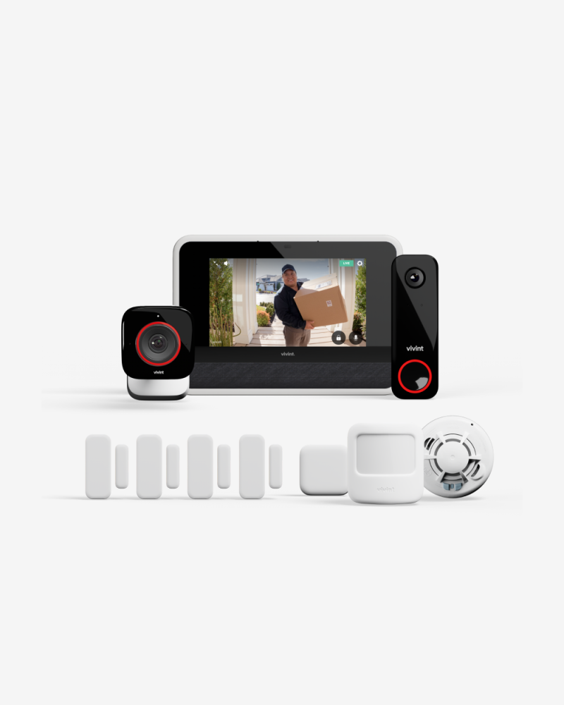 Vivint hub showing a person holding a package delivery, next to a Vivint doorbell camera and a Vivint Outdoor camera, with a line up of 4 Door & Window sensors, a motion sensor, a water sensor, and a CO& smoke detector underneath