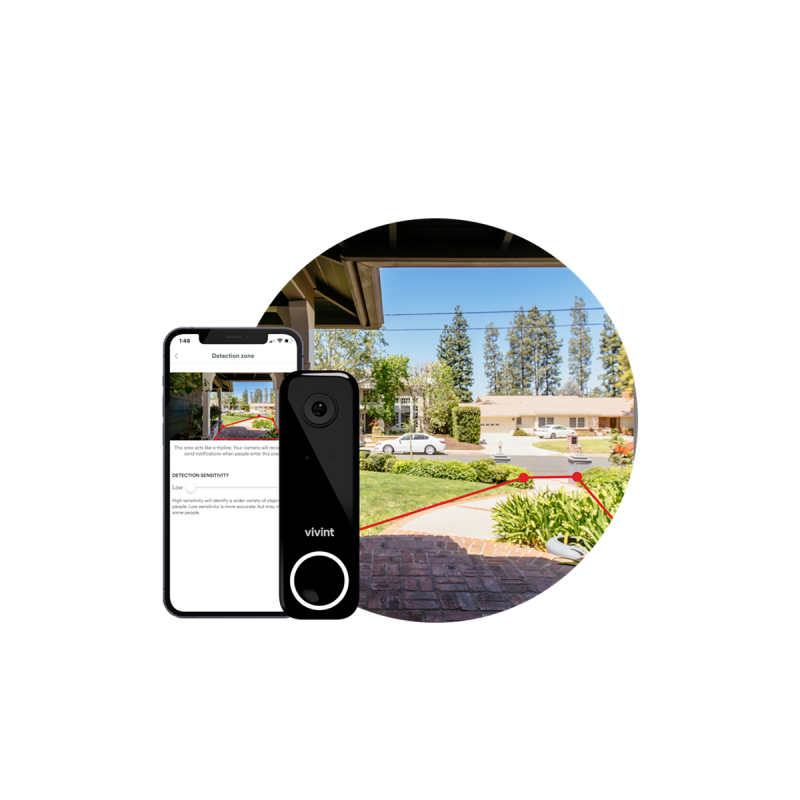 Doorbell Camera Pro beside an app view. View of Doorbell Camera Pro view in the background.