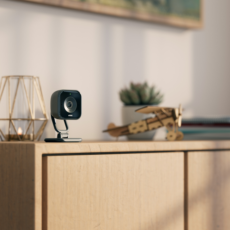 Vivint indoor camera on top of a cabinet
