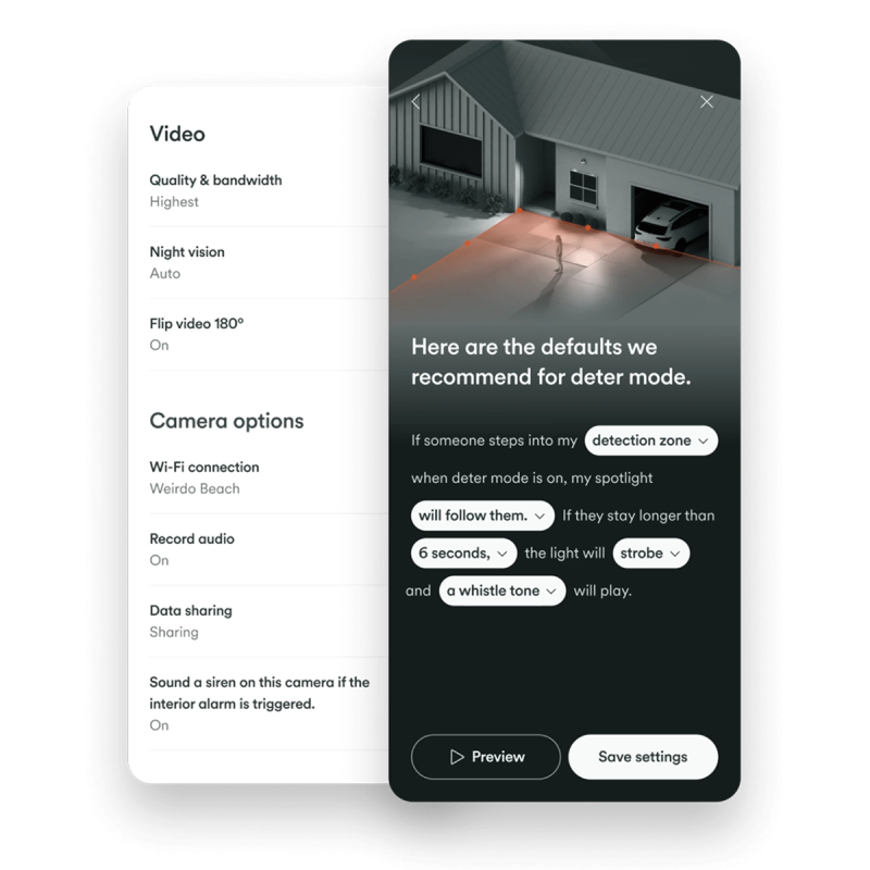 Two views of Spotlight Pro settings in the Vivint app