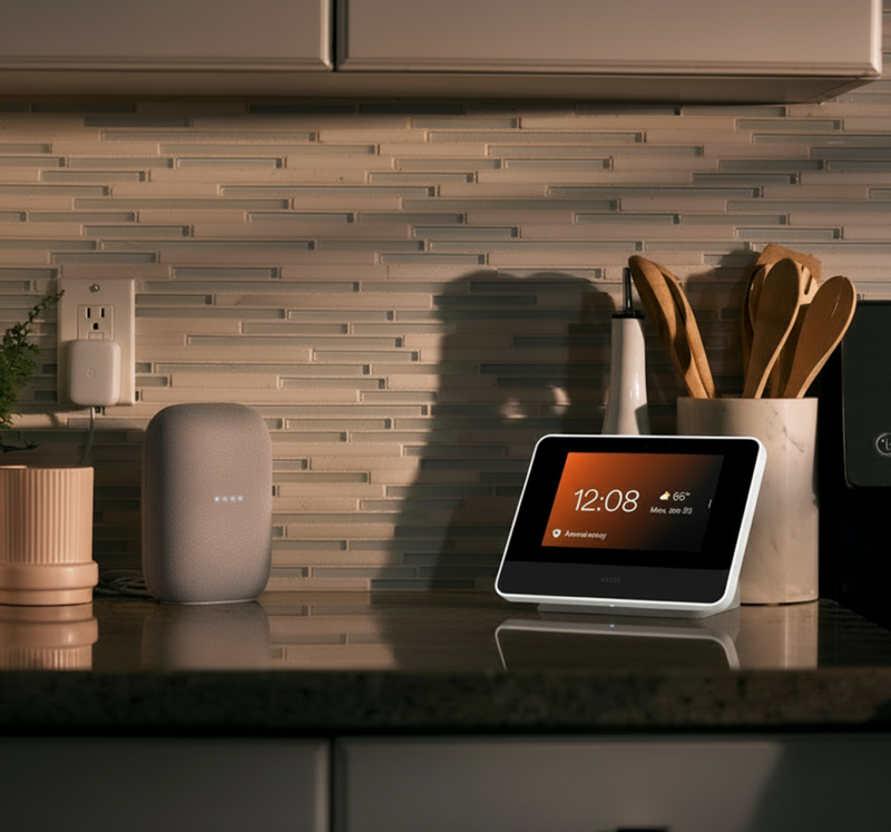 Smart Hub Pro 2 on a kitchen counter with an orange screen displayed