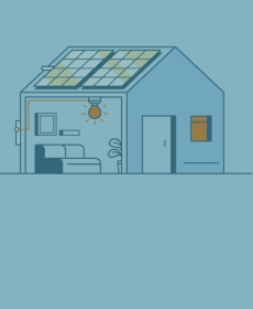 Graphic of home with solar panels and view of inside living room with light bulb