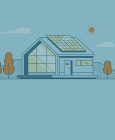 Graphic of home with solar panels, large window, and sun