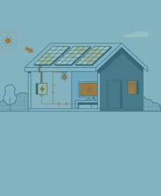 Graphic of home with solar panels, a sun, and arrow pointing to panels