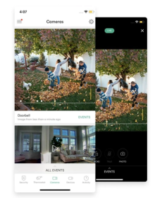 Image of an app view showing saved events from the outdoor camera of kids playing in the leaves and a live view of the same thing