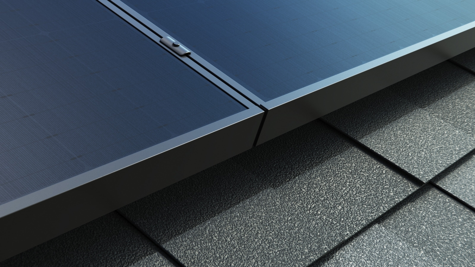 Close up view of solar panels installed on black shingled roof