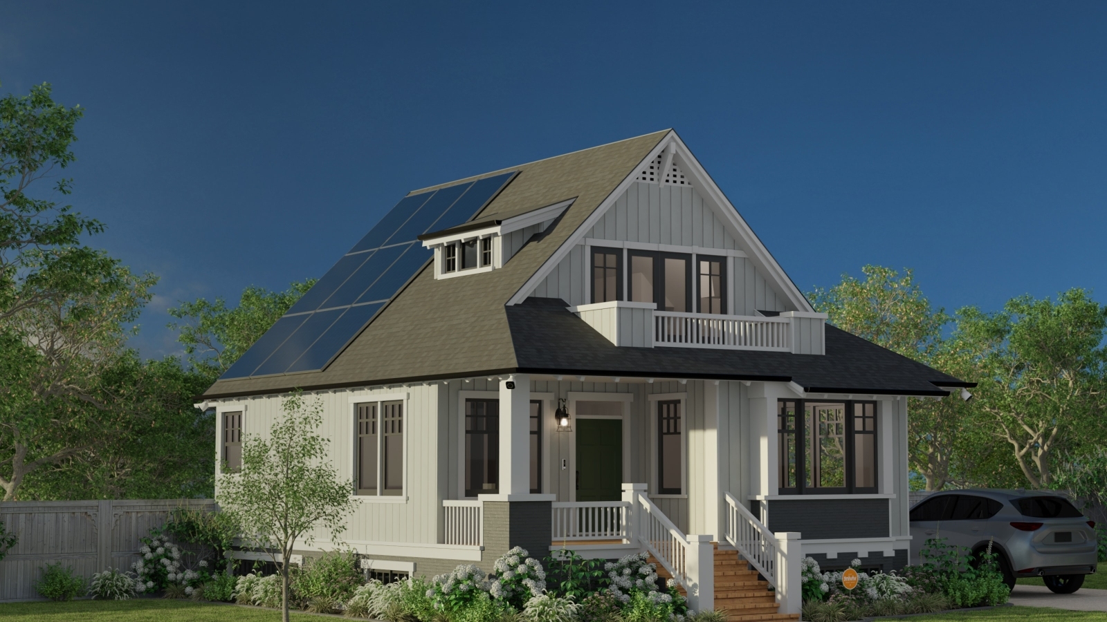 View of house with orange Vivint sign in front and solar panels installed on slanted roof