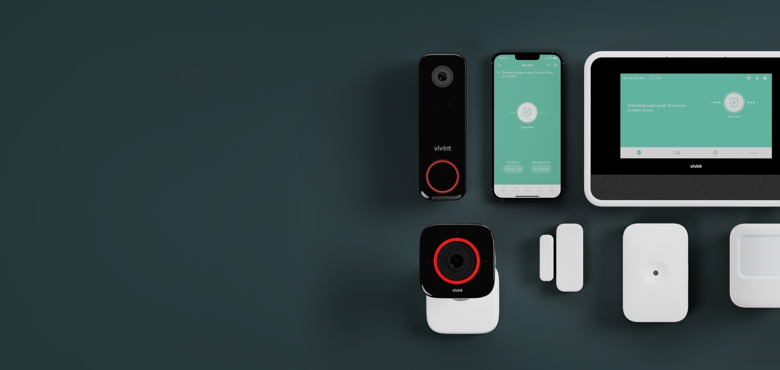 Imágenes de productos Vivint de la central inteligente, la aplicación, la cámara del timbre, la cámara exterior, el sensor de puerta, el sensor de vidrio roto y el sensor de movimiento