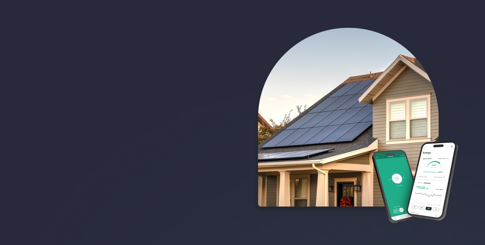 View of panels installed on roof and product images of 2 different views within the Vivint app