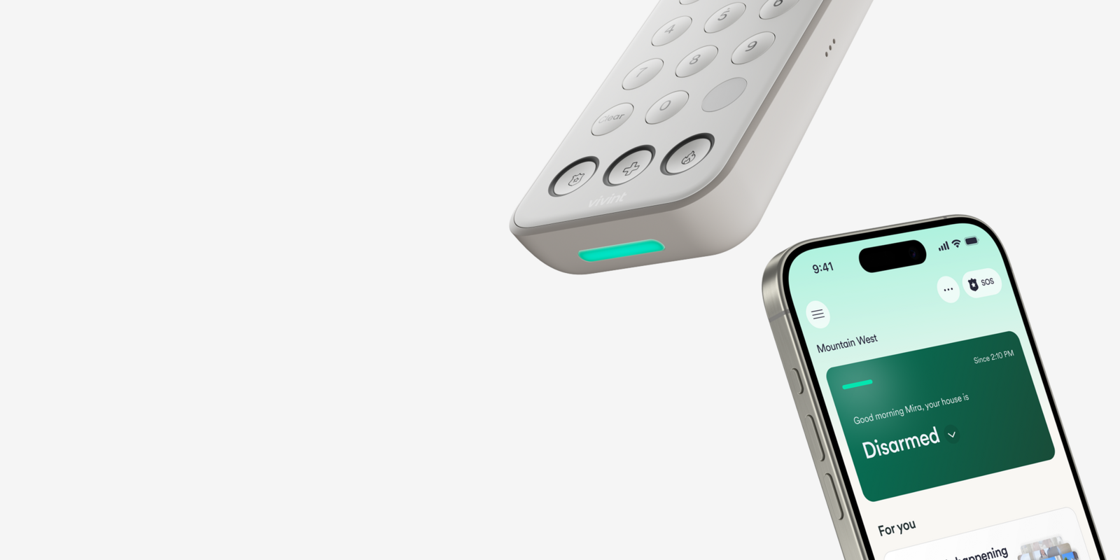 Vivint Keypad floats above a cell phone displaying the Vivint App