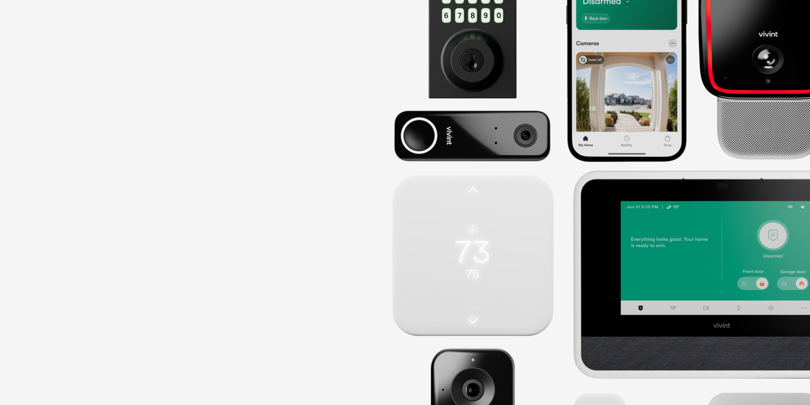 Vivint Outdoor Camera, Vivint smart lock, Vivint doorbell Camera, and a phone showing Vivint app