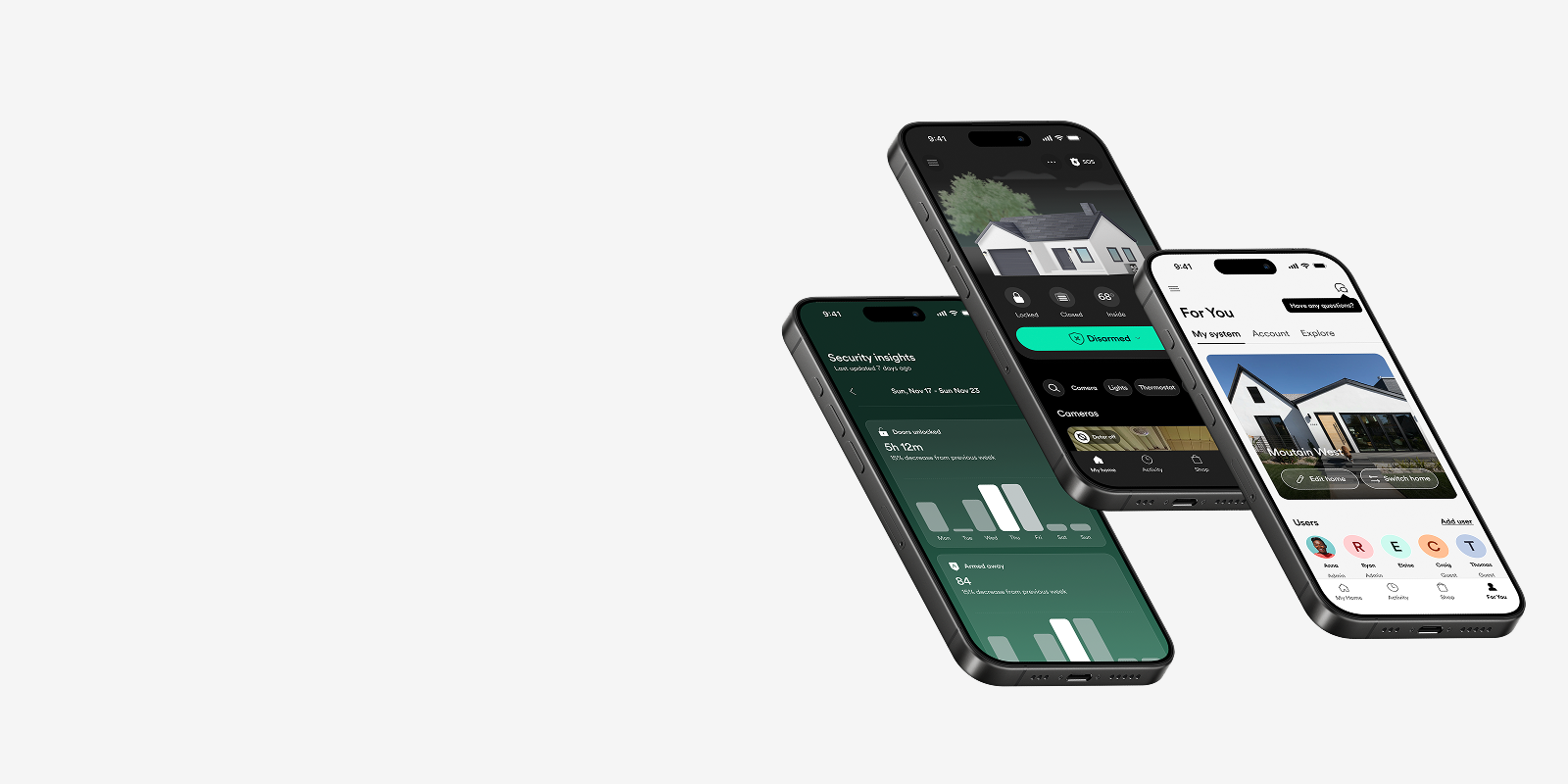 three phones lined up showing Vivint app interface
