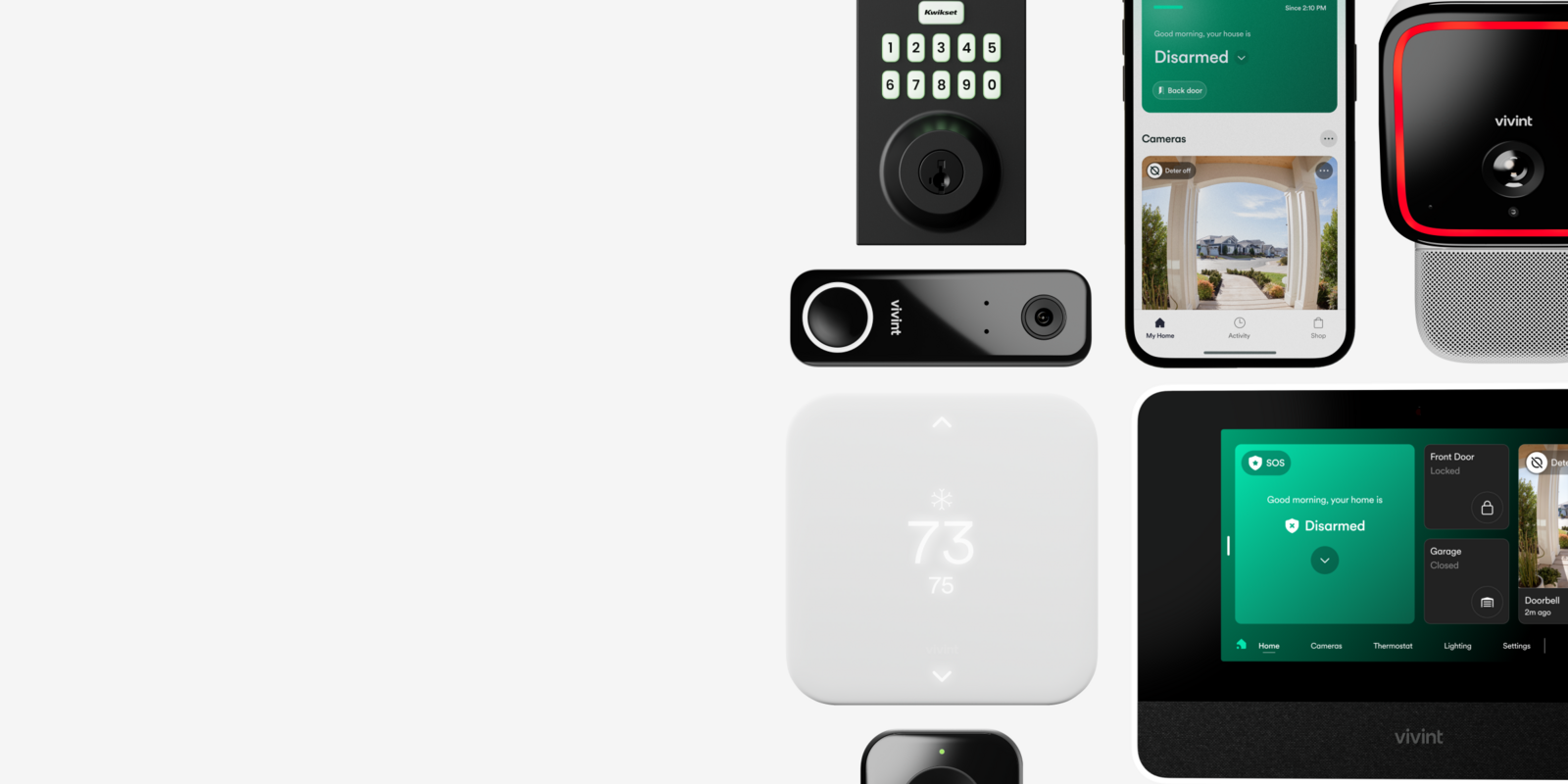 Vivint Outdoor Camera, Vivint smart lock, Vivint doorbell Camera, and a phone showing Vivint app