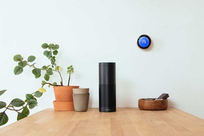 Vivint Smart Thermostat and Amazon Alexa on a countertop.