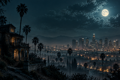 A moonlit scene showing a Victorian-style house on a hill overlooking a city skyline.