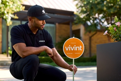 Vivint Smart Home Pro installing a yard sign.