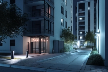 View of an apartment complex at night.