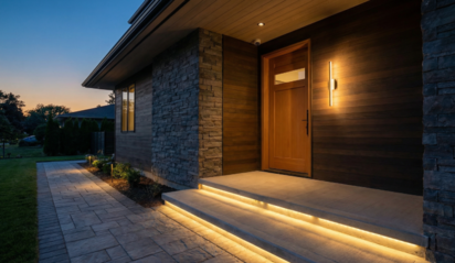 Home's exterior lit up with smart lighting.