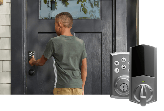 Boy entering code in Smart Lock and product image of the Smart Lock in bottom right corner