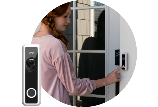 Woman ringing Vivint Doorbell Camera Pro, field of view
