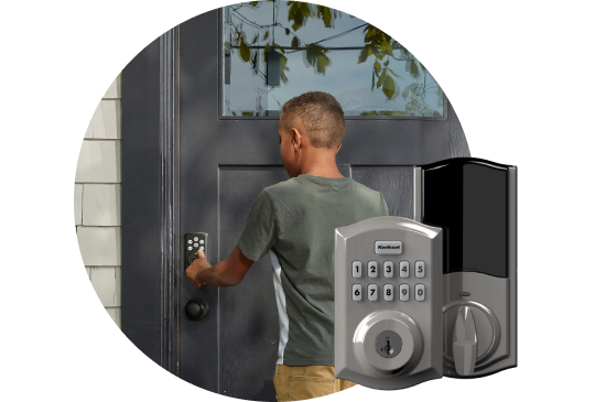 Boy touching Vivint Smart Lock with product image in right corner