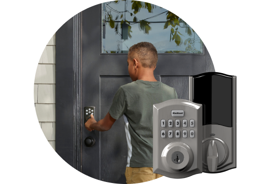 Boy touching Vivint Smart Lock with product image in right corner