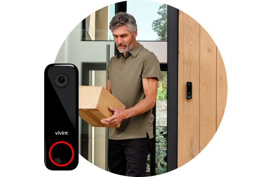 Vivint doorbell camera, with a man picking up his package from the porch