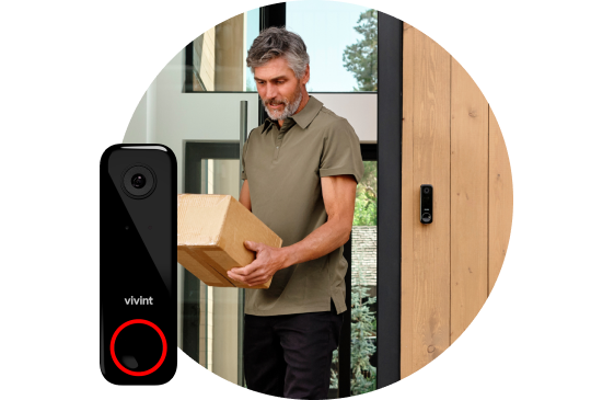 Vivint doorbell camera, with a man picking up his package from the porch