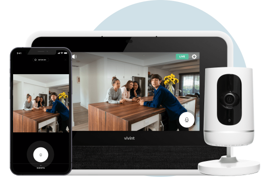 A phone and smart hub showing the two-way talk through Vivint indoor camera