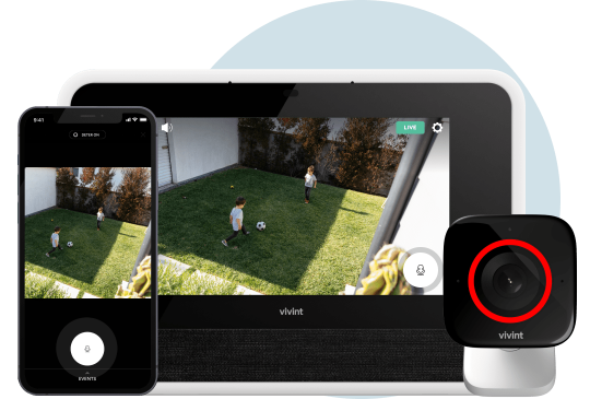 Vivint outdoor camera with a phone and a smart hub showing the 2-way walk