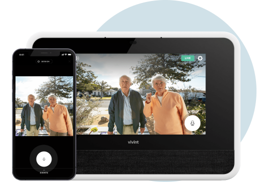a phone and Vivint smart hub showing 2-way talk through Vivint doorbell camera