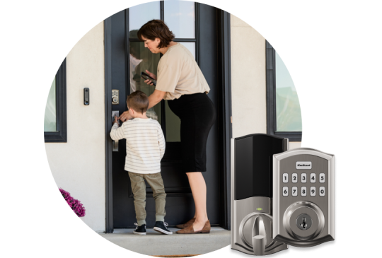 A mom and child entering in the door code at the front porch and product image of the smart lock