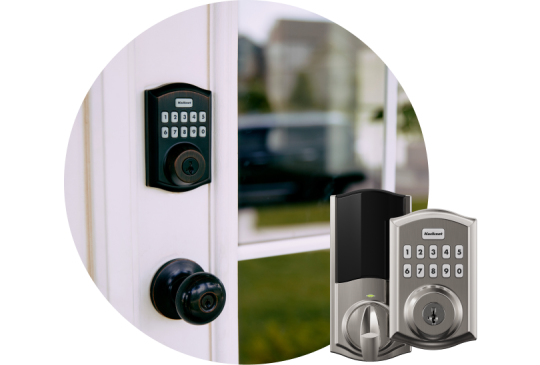 Smart Lock on door with a product image of a Smart Lock on bottom corner