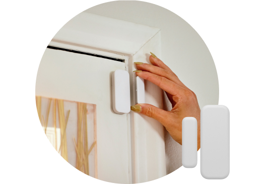 Person installs a Vivint Door and Window Sensor on a door, product image in the forefront